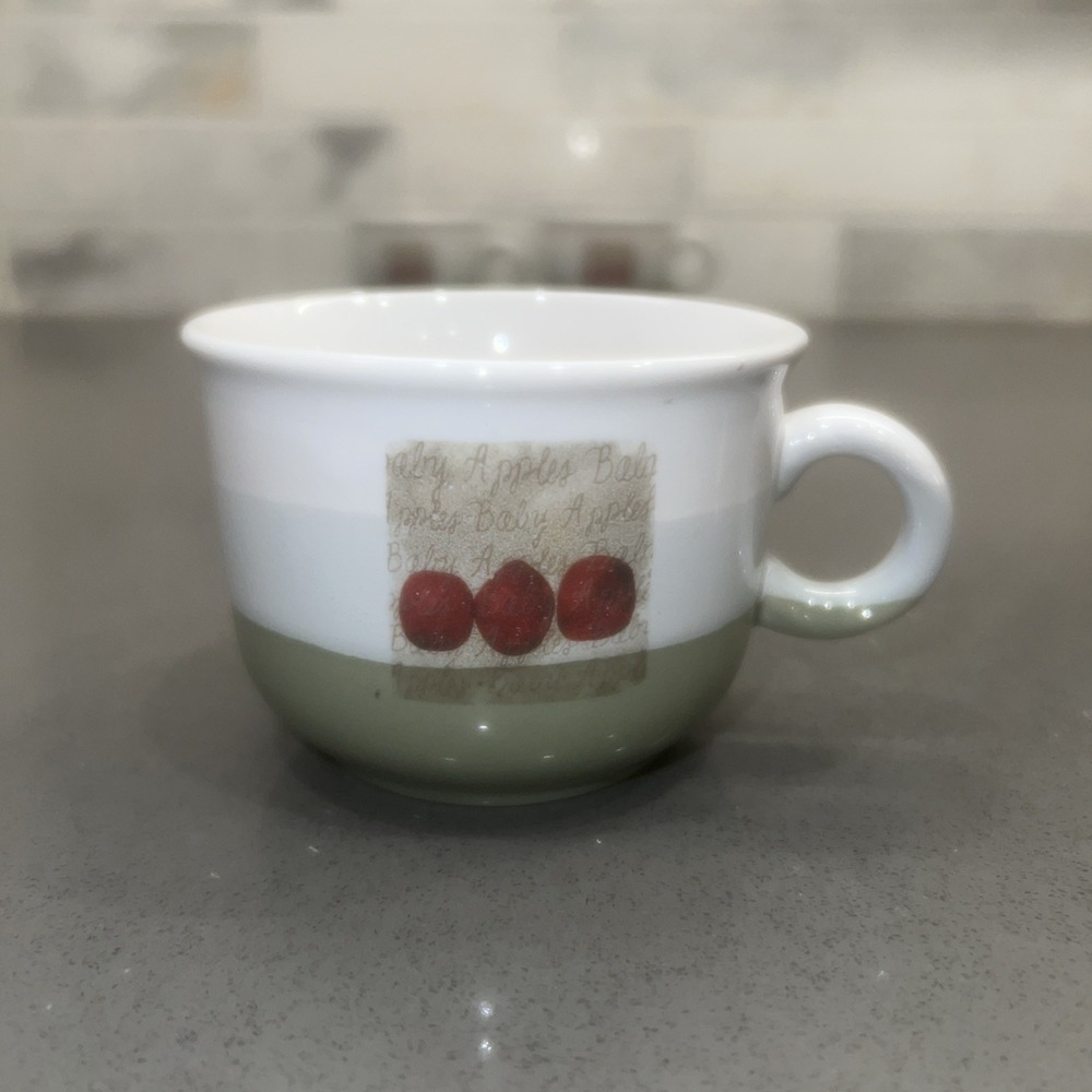3-vintage ceramic expresso cups sage-green/cream accented/small red dots